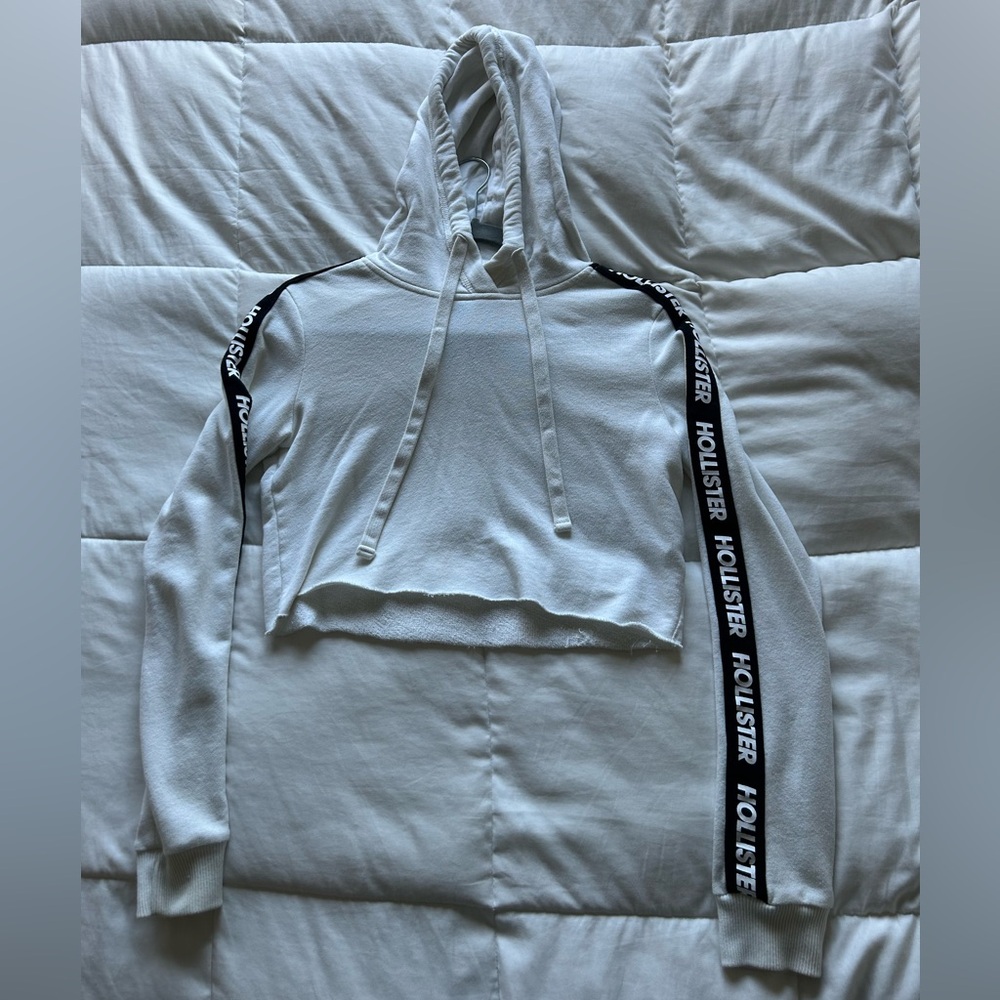 Hollister White Cropped Hoodie with Black Logo Stripes on Arms Women’s XS